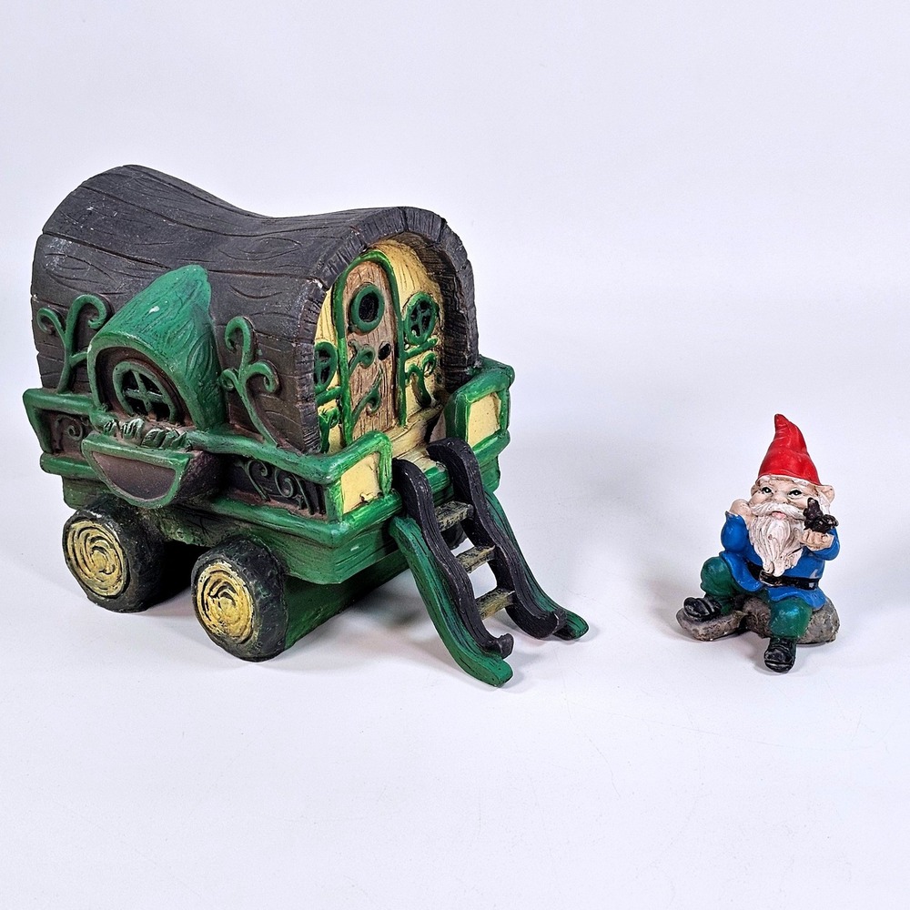 Fairy Garden Gypsy Caravan Wagon and Gnome Figurine Set Green Brown
